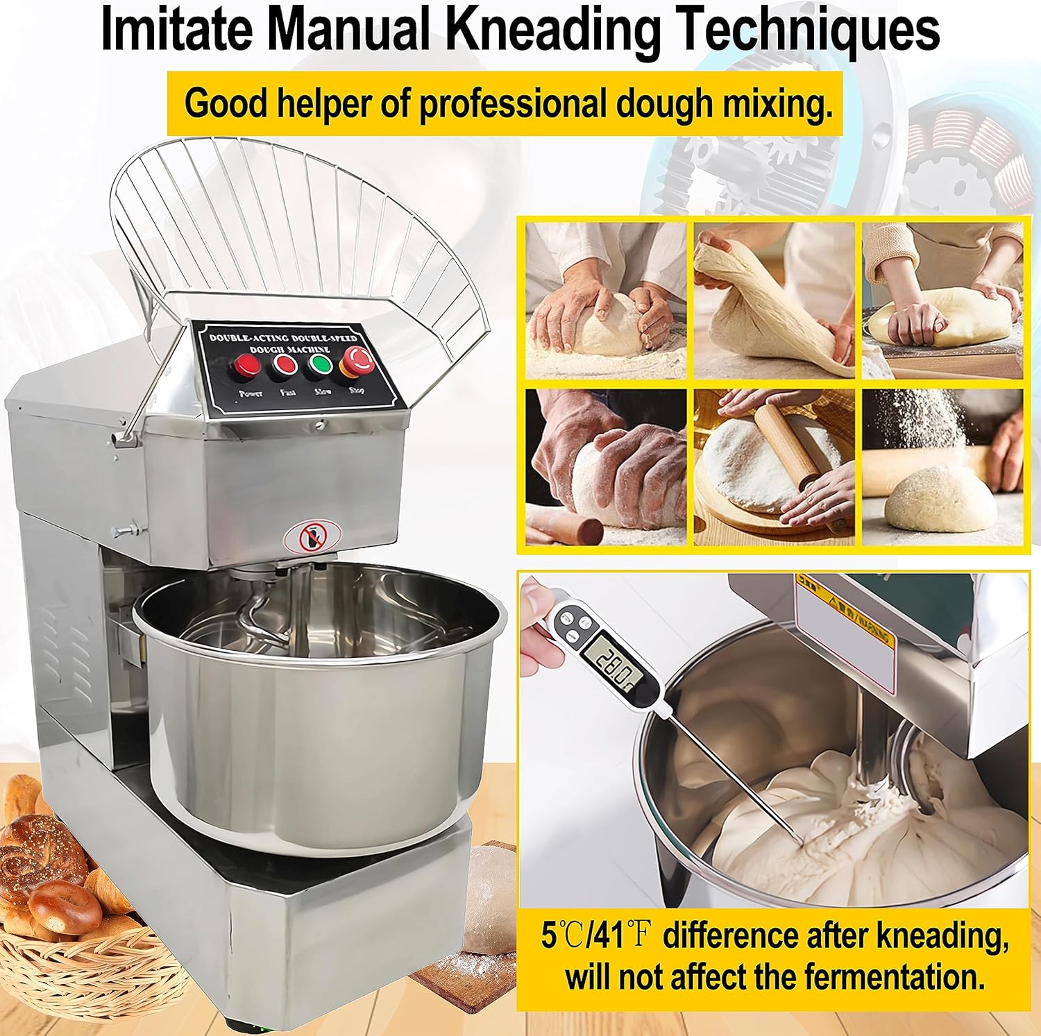 Dough Mixer, 30L Pizza Bakery Flour Mixer Machine with Double Action Double Speed, Electric Stainless Steel Dough Kneading Machine 