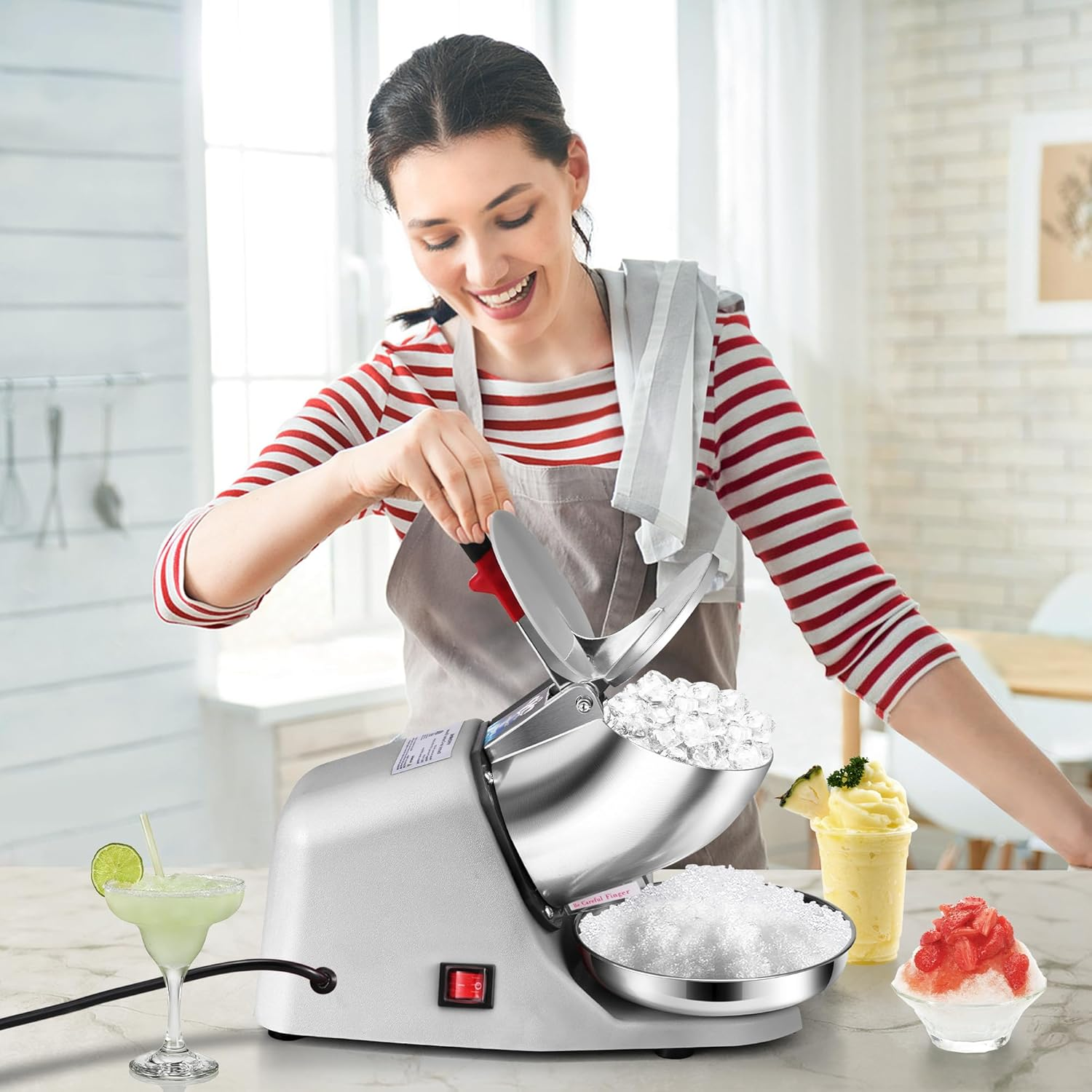 Electric Ice Crusher Shaver Dual Blades Snow Cone Maker Machine Silver 173lbs/hr with Ice Pick for Home and Commercial Use