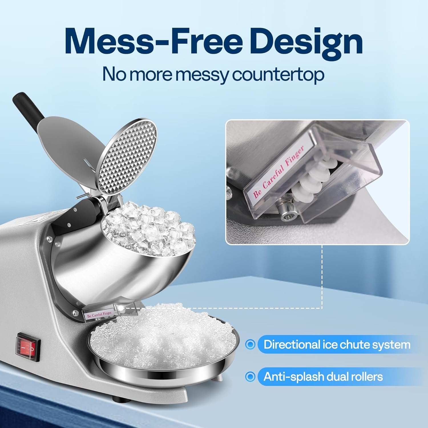 Electric Ice Crusher Shaver Dual Blades Snow Cone Maker Machine Silver 173lbs/hr with Ice Pick for Home and Commercial Use