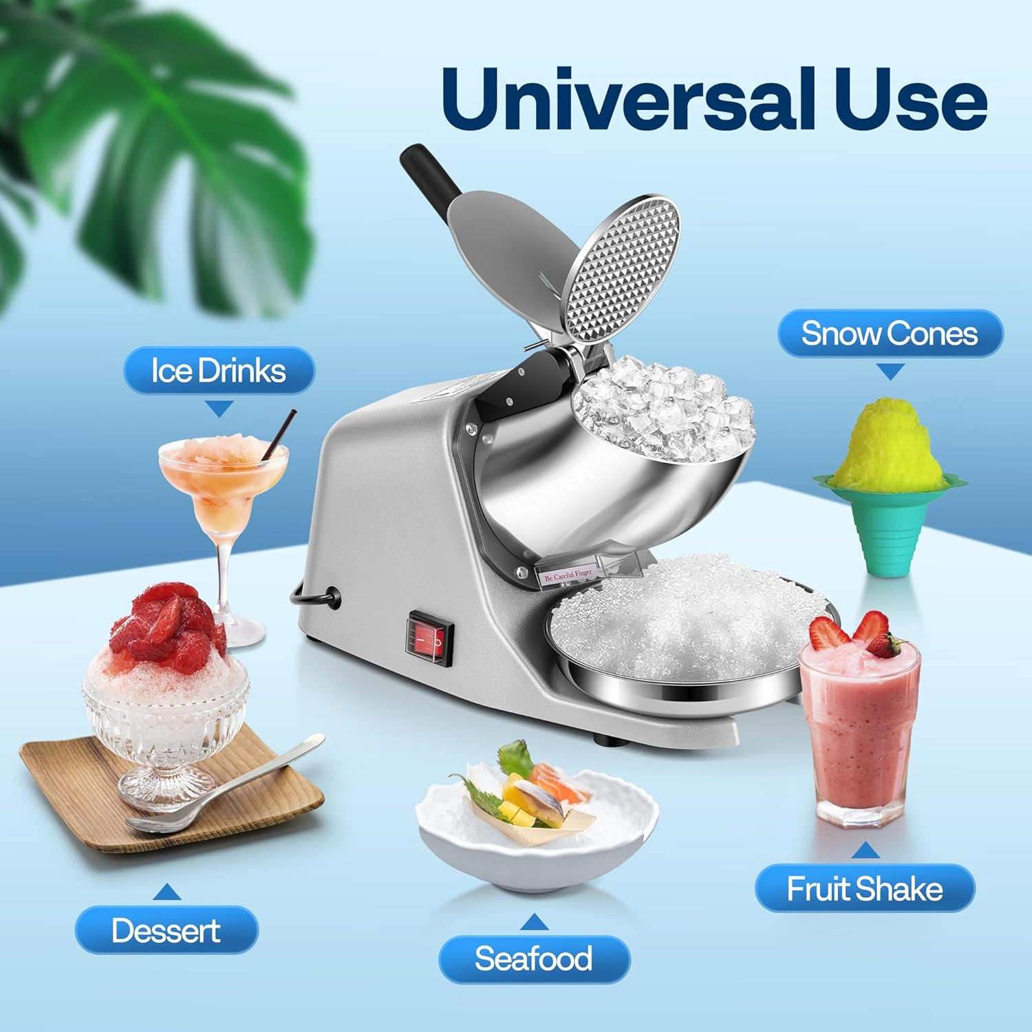 Electric Ice Crusher Shaver Dual Blades Snow Cone Maker Machine Silver 173lbs/hr with Ice Pick for Home and Commercial Use