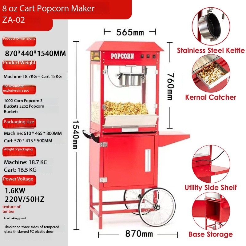 Popcorn Machine with Stand - Professional Cart Popcorn Maker Machine With 8 Oz Kettle Makes Up to 60 Cups, With Lockers for Home Movie Theater Style