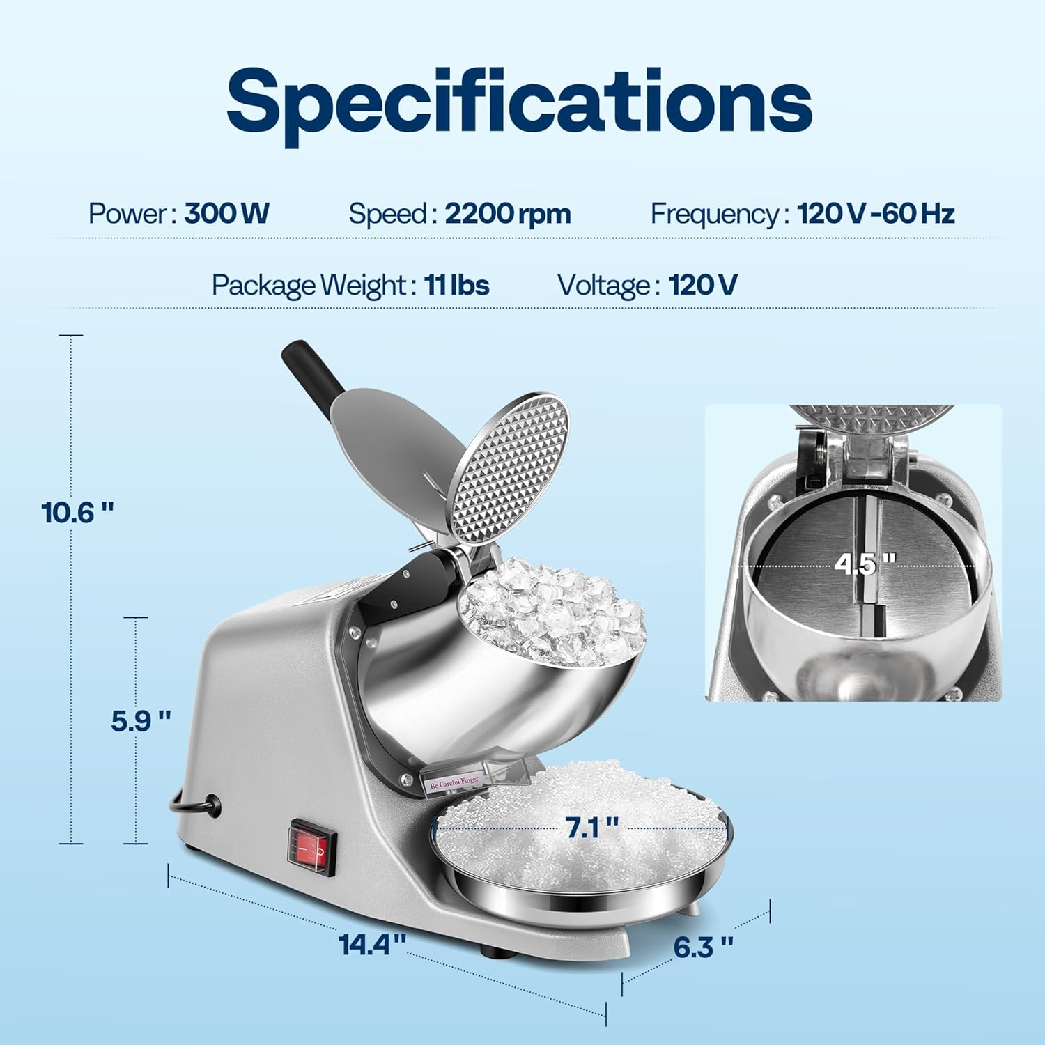 Electric Ice Crusher Shaver Dual Blades Snow Cone Maker Machine Silver 173lbs/hr with Ice Pick for Home and Commercial Use